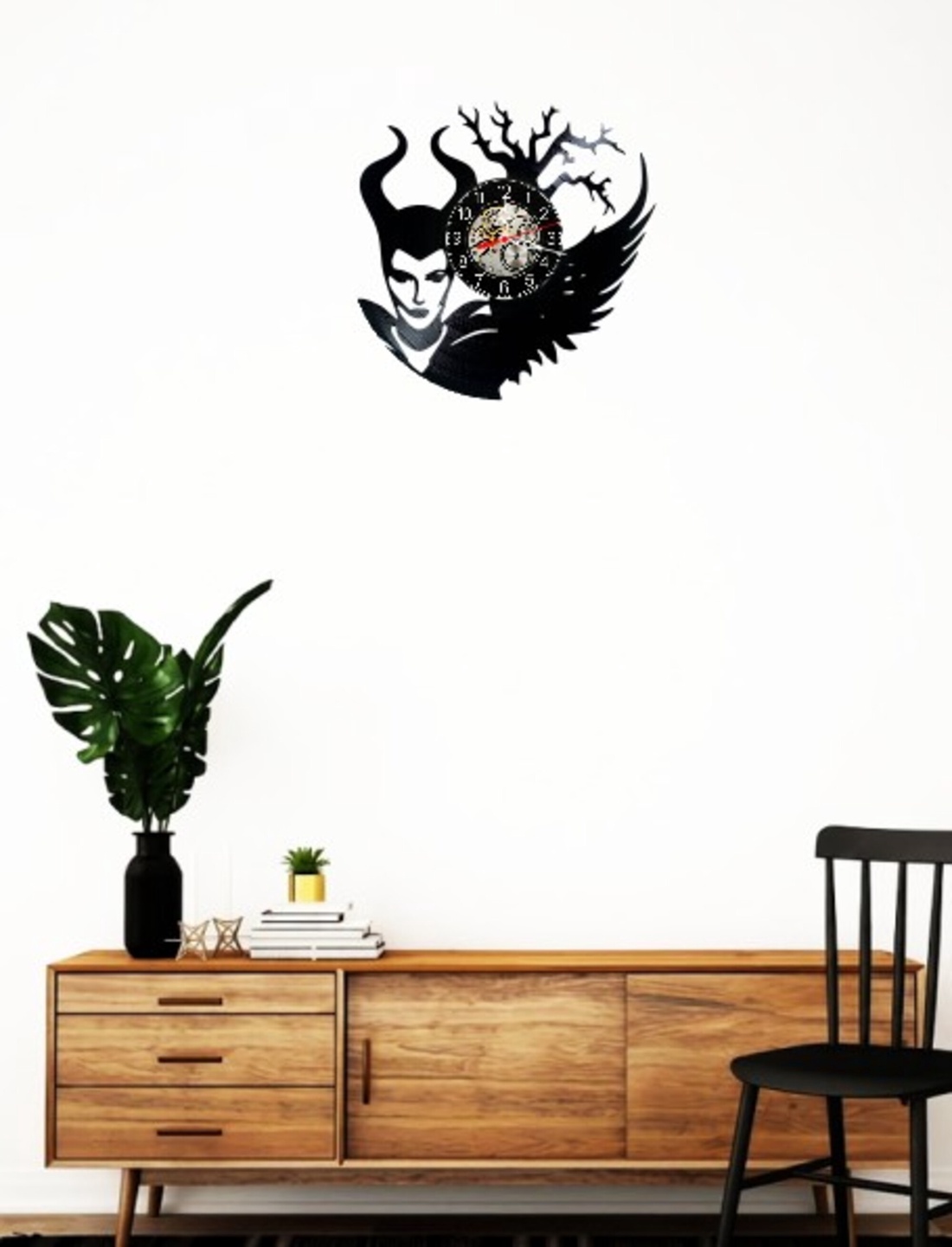 Ceas de perete decorativ realizat din disc de vinil, Model Maleficent Dark Fantasy Gothic Disney, Negru, 30 cm - casă & stil de viață - decorațiuni de casă - decorațiuni de pereți - ceasuri de perete - Artynos.ro