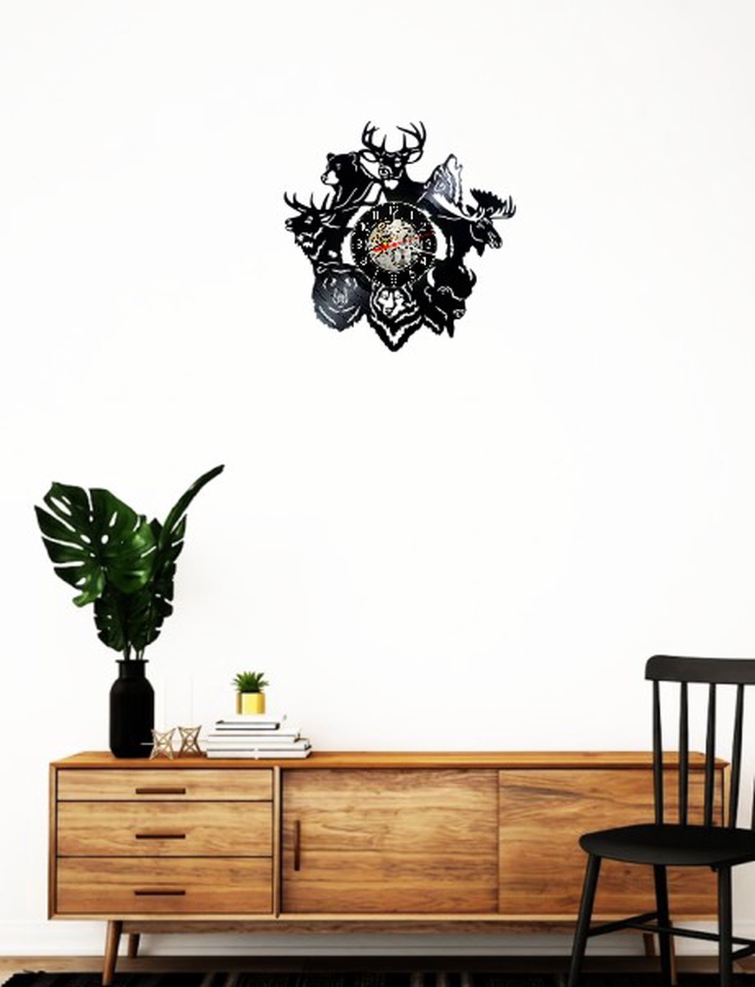 Ceas de perete decorativ realizat din disc de vinil, Model Animale Salbatice Cerb Urs Lup Vanatoare, Negru, 30 cm - casă & stil de viață - decorațiuni de casă - decorațiuni de pereți - ceasuri de perete - Artynos.ro
