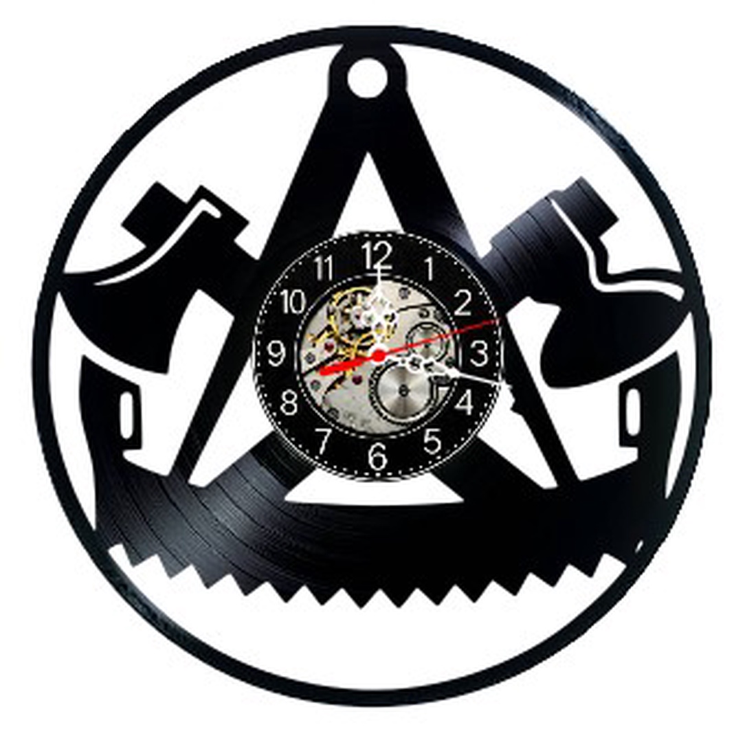 Ceas de perete decorativ realizat din disc de vinil, Model Tamplar Dulgher Unelte Lemn Ferastrau, Negru, 30 cm - casă & stil de viață - decorațiuni de casă - decorațiuni de pereți - ceasuri de perete - Artynos.ro