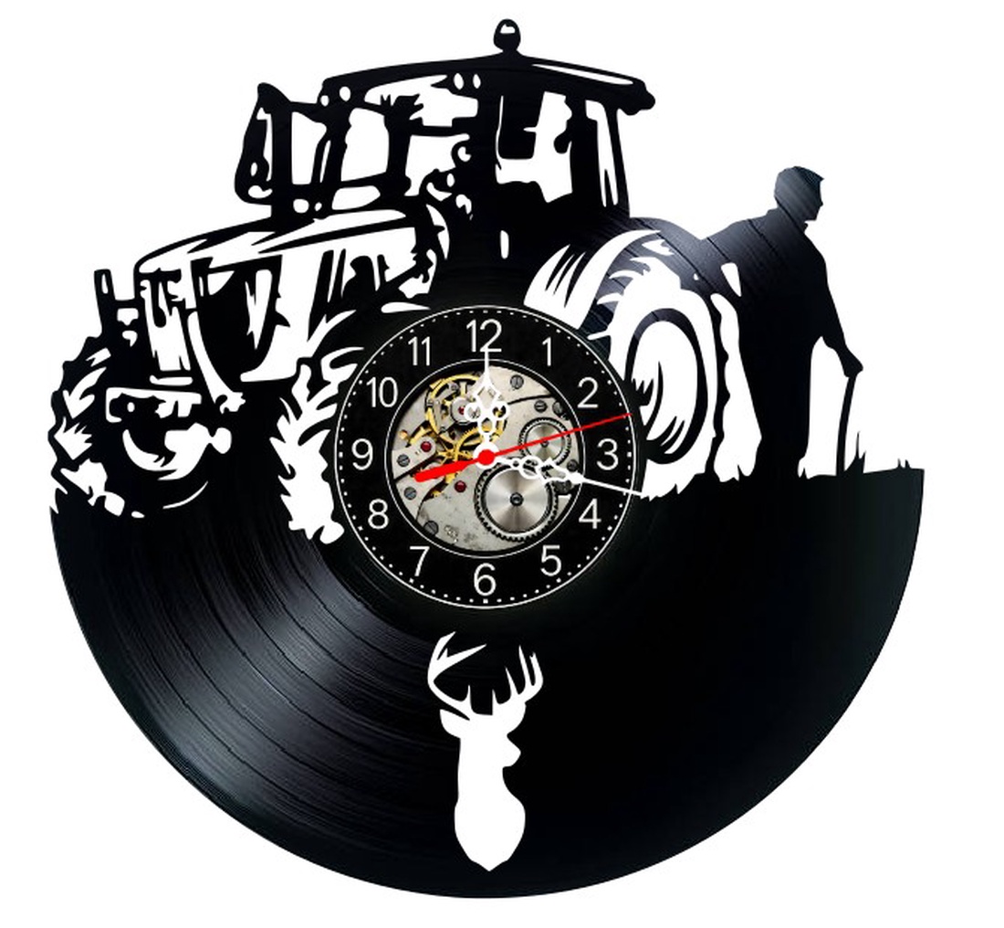 Ceas de perete decorativ realizat din disc de vinil, Model Tractor Fermier Agricultura Cerb, Negru, 30 cm - casă & stil de viață - decorațiuni de casă - decorațiuni de pereți - ceasuri de perete - Artynos.ro