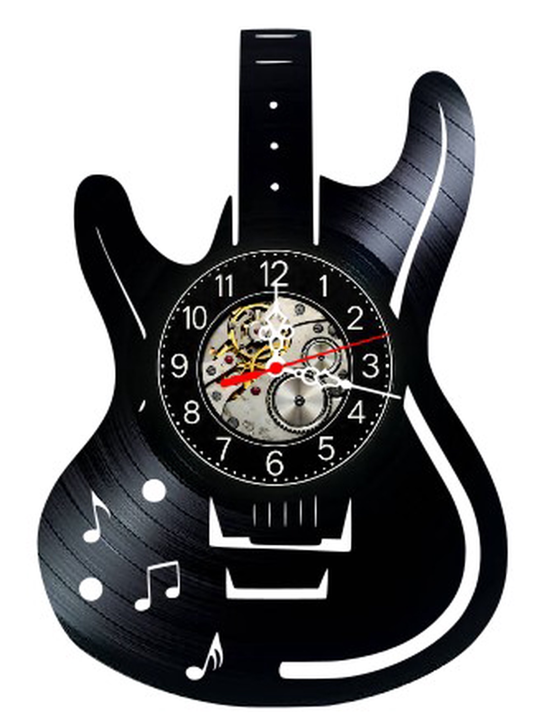 Ceas de perete decorativ realizat din disc de vinil, Model Chitara Electrica Note Muzicale Rock, Negru, 30 cm - casă & stil de viață - decorațiuni de casă - decorațiuni de pereți - ceasuri de perete - Artynos.ro