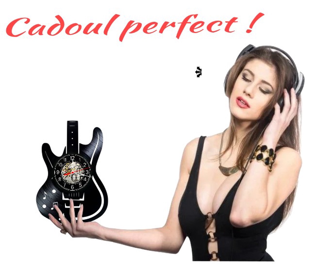 Ceas de perete decorativ realizat din disc de vinil, Model Chitara Electrica Note Muzicale Rock, Negru, 30 cm - casă & stil de viață - decorațiuni de casă - decorațiuni de pereți - ceasuri de perete - Artynos.ro