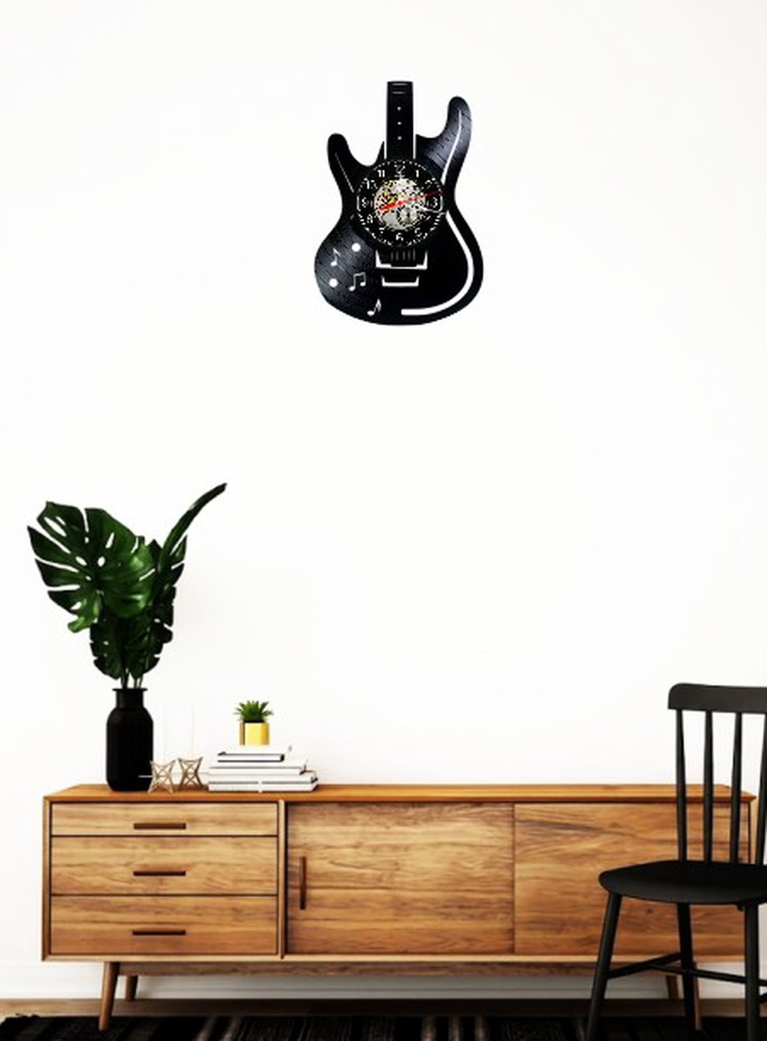 Ceas de perete decorativ realizat din disc de vinil, Model Chitara Electrica Note Muzicale Rock, Negru, 30 cm - casă & stil de viață - decorațiuni de casă - decorațiuni de pereți - ceasuri de perete - Artynos.ro
