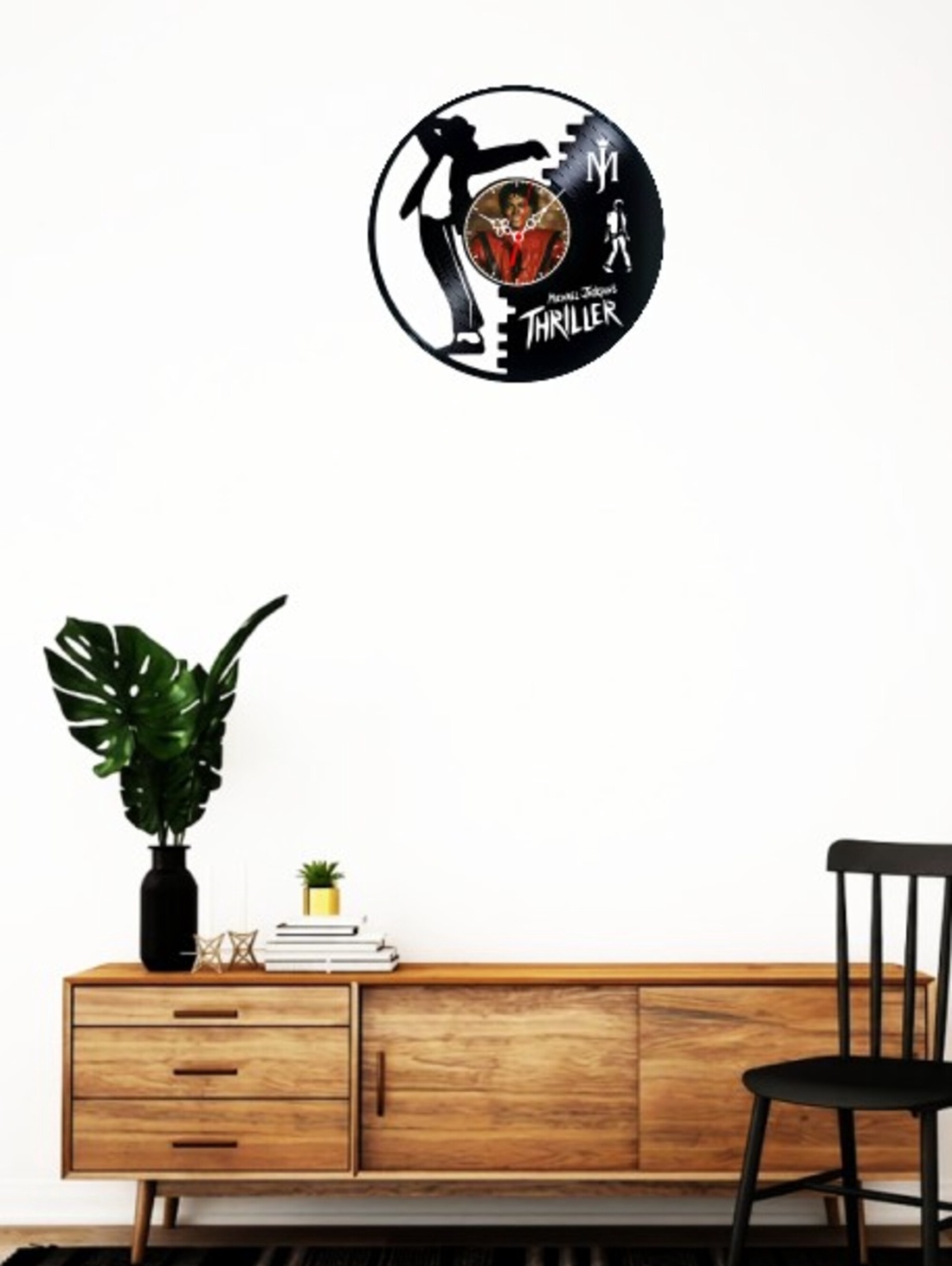 Ceas de perete decorativ realizat din disc de vinil, Model Michael Jackson Thriller Pop Star, Negru, 30 cm - casă & stil de viață - decorațiuni de casă - decorațiuni de pereți - ceasuri de perete - Artynos.ro