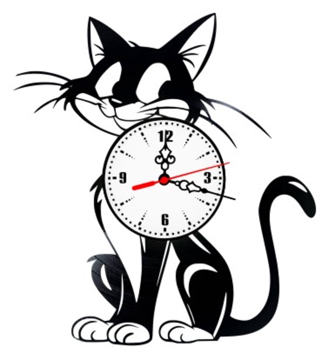Ceas de perete decorativ realizat din disc de vinil, Model Pisica Neagra Cadran Alb Animal Companie, Negru, 30 cm - casă & stil de viață - decorațiuni de casă - decorațiuni de pereți - ceasuri de perete - Artynos.ro