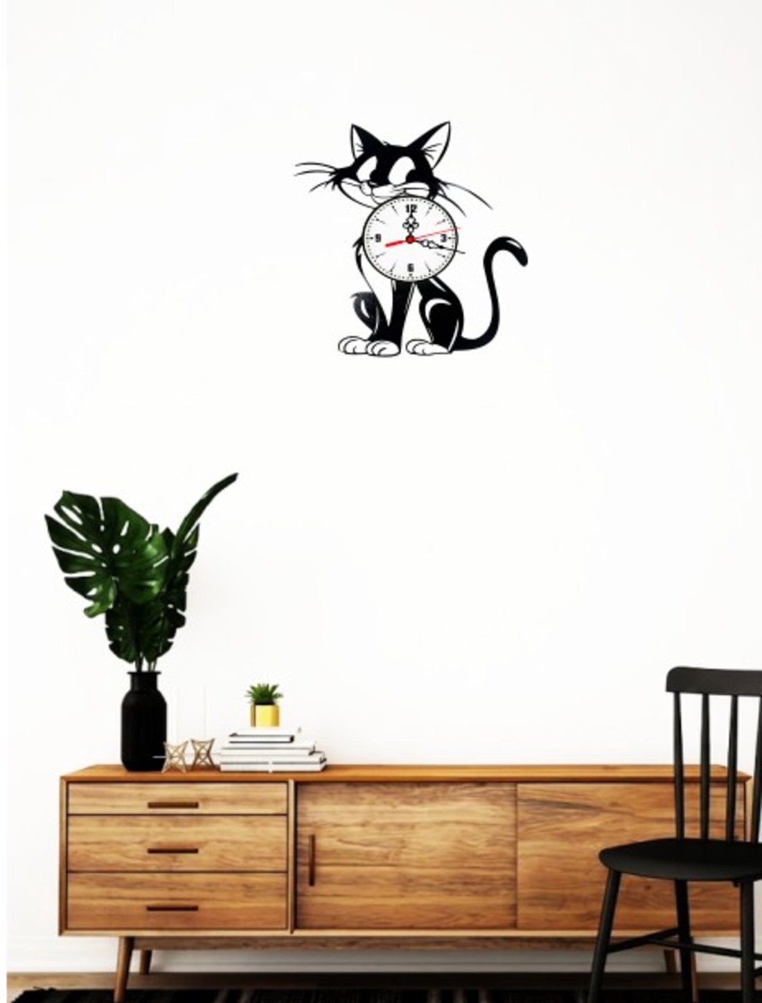 Ceas de perete decorativ realizat din disc de vinil, Model Pisica Neagra Cadran Alb Animal Companie, Negru, 30 cm - casă & stil de viață - decorațiuni de casă - decorațiuni de pereți - ceasuri de perete - Artynos.ro