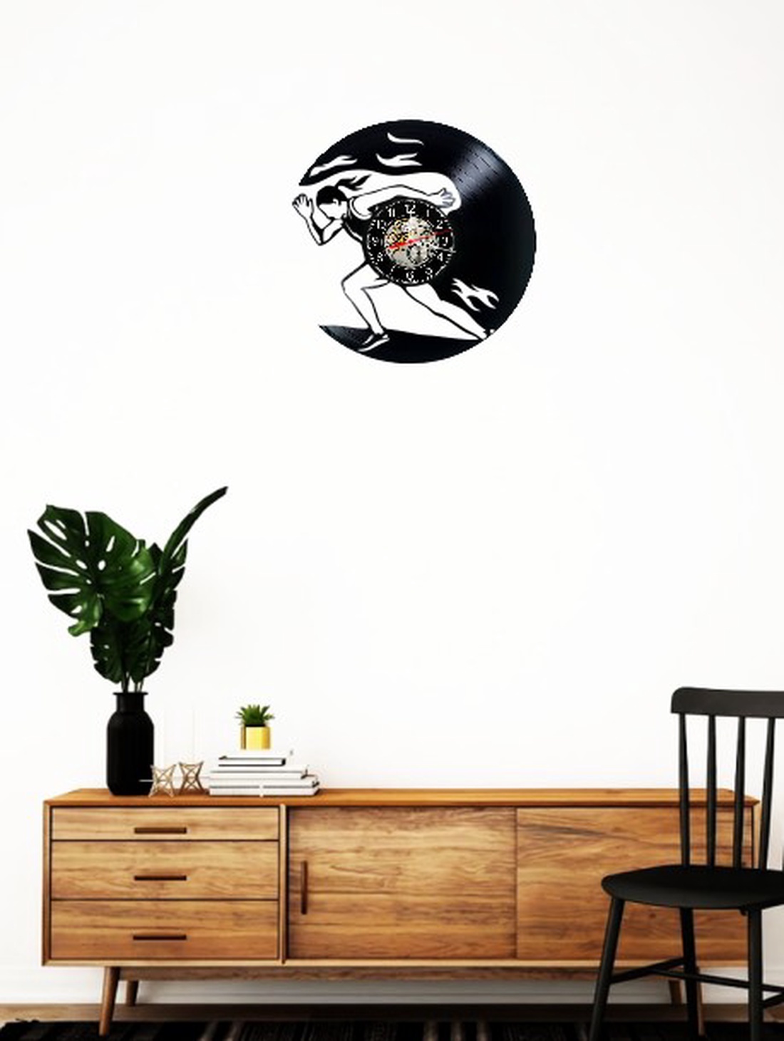 Ceas de perete decorativ realizat din disc de vinil, Model Atletism Alergare Sportiva Sprint Flacari, Negru, 30 cm - casă & stil de viață - decorațiuni de casă - decorațiuni de pereți - ceasuri de perete - Artynos.ro
