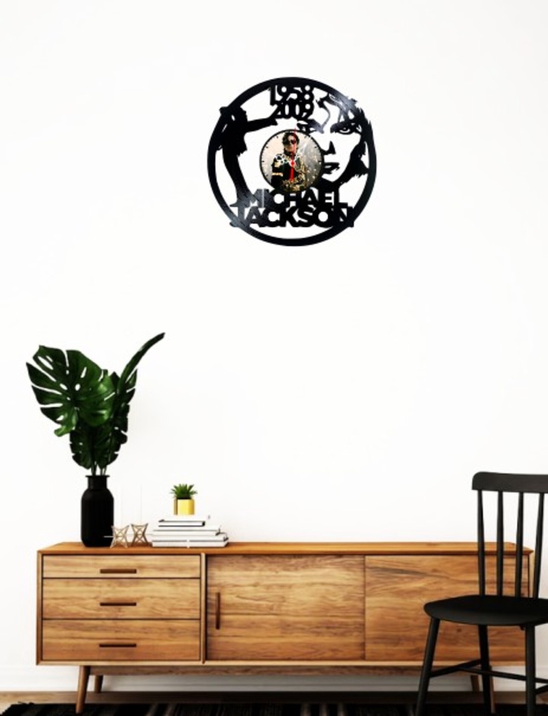 Ceas de perete decorativ realizat din disc de vinil, Model Michael Jackson Memorial 1958-2009, Negru, 30 cm - casă & stil de viață - decorațiuni de casă - decorațiuni de pereți - ceasuri de perete - Artynos.ro
