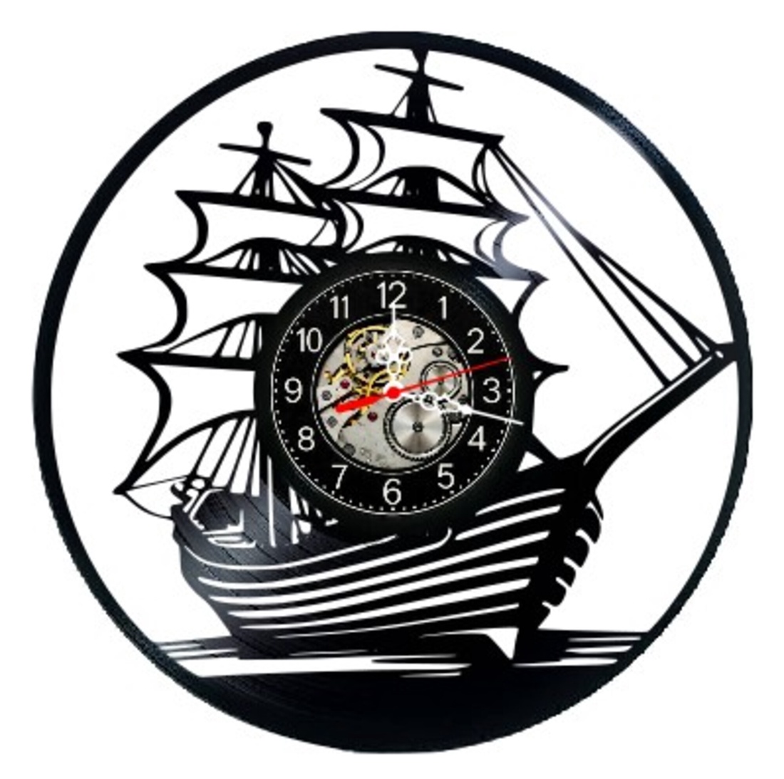 Ceas de perete decorativ realizat din disc de vinil, Model Corabie cu Panze Galion Maritim, Negru, 30 cm - casă & stil de viață - decorațiuni de casă - decorațiuni de pereți - ceasuri de perete - Artynos.ro