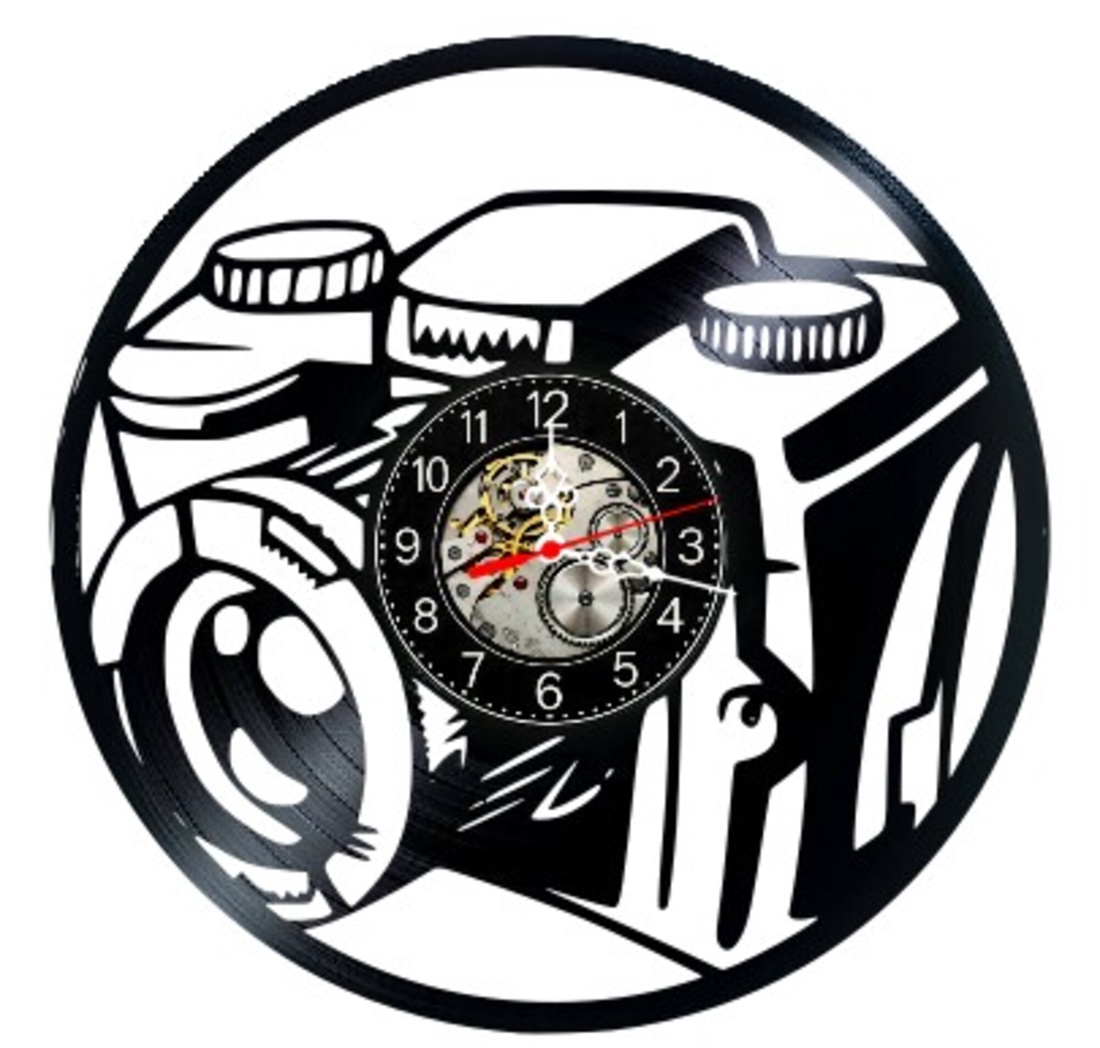 Ceas de perete decorativ realizat din disc de vinil, Model Aparat Foto Fotografie DSLR, Negru, 30 cm - casă & stil de viață - decorațiuni de casă - decorațiuni de pereți - ceasuri de perete - Artynos.ro
