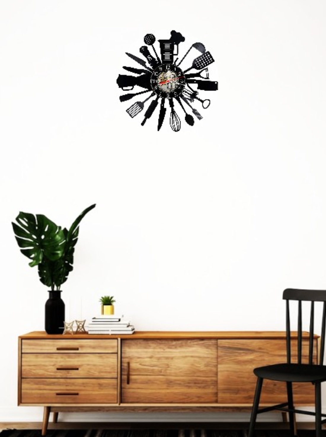 Ceas de perete decorativ realizat din disc de vinil, Model Bucătărie Ustensile Culinare Gătit, Negru, 30 cm - casă & stil de viață - decorațiuni de casă - decorațiuni de pereți - ceasuri de perete - Artynos.ro