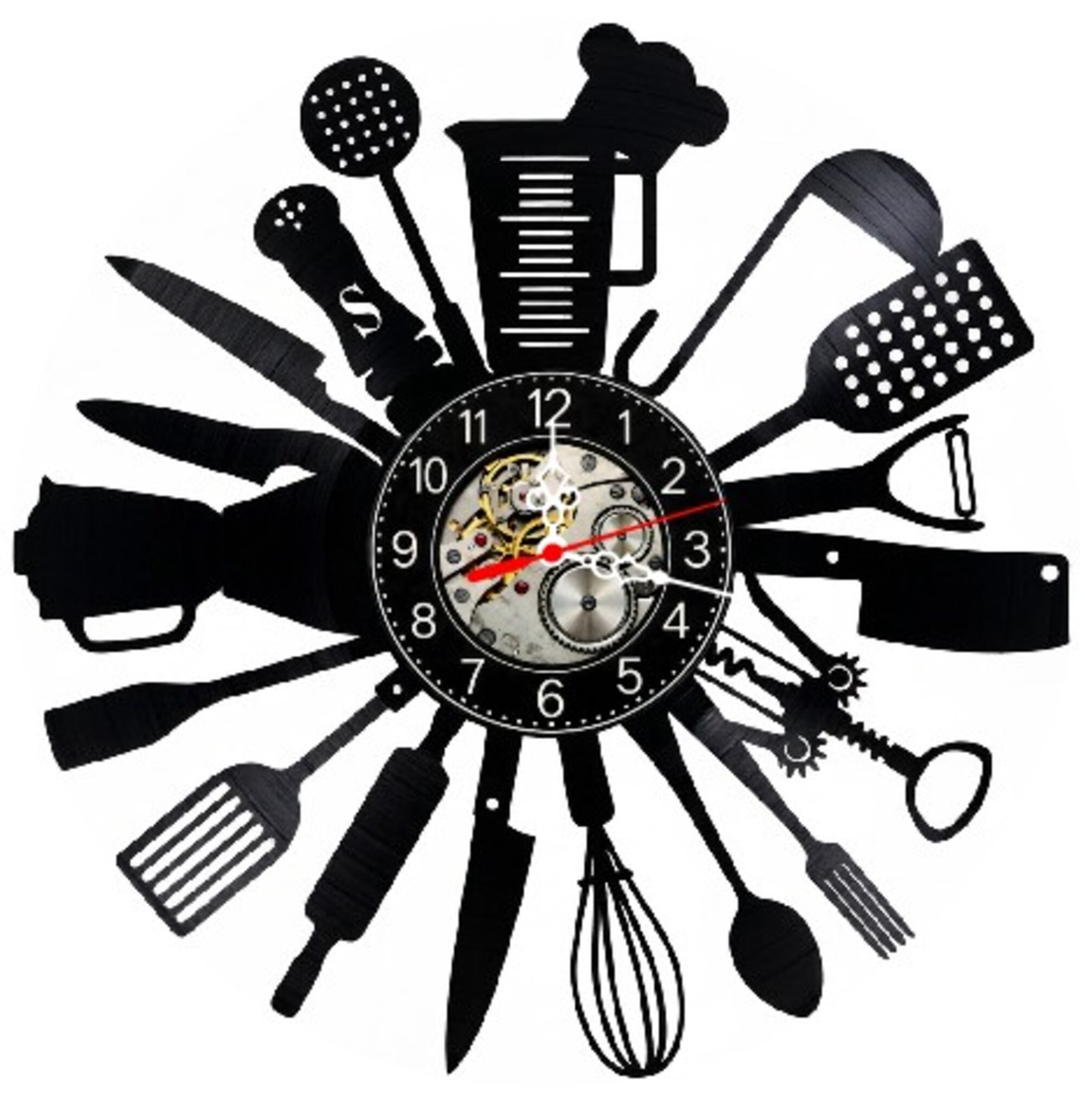 Ceas de perete decorativ realizat din disc de vinil, Model Bucătărie Ustensile Culinare Gătit, Negru, 30 cm - casă & stil de viață - decorațiuni de casă - decorațiuni de pereți - ceasuri de perete - Artynos.ro