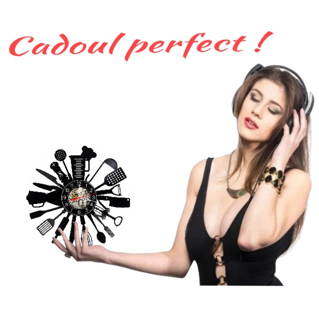 Ceas de perete decorativ realizat din disc de vinil, Model Bucătărie Ustensile Culinare Gătit, Negru, 30 cm - casă & stil de viață - decorațiuni de casă - decorațiuni de pereți - ceasuri de perete - Artynos.ro
