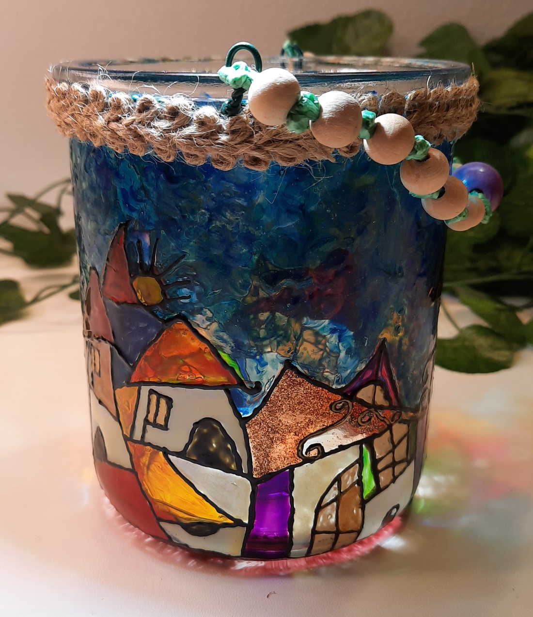 Suport de lumânare pictat manual cu căsuțe - crăciun - decorațiuni de crăciun de casă - lumânări parfumate de crăciun - Artynos.ro