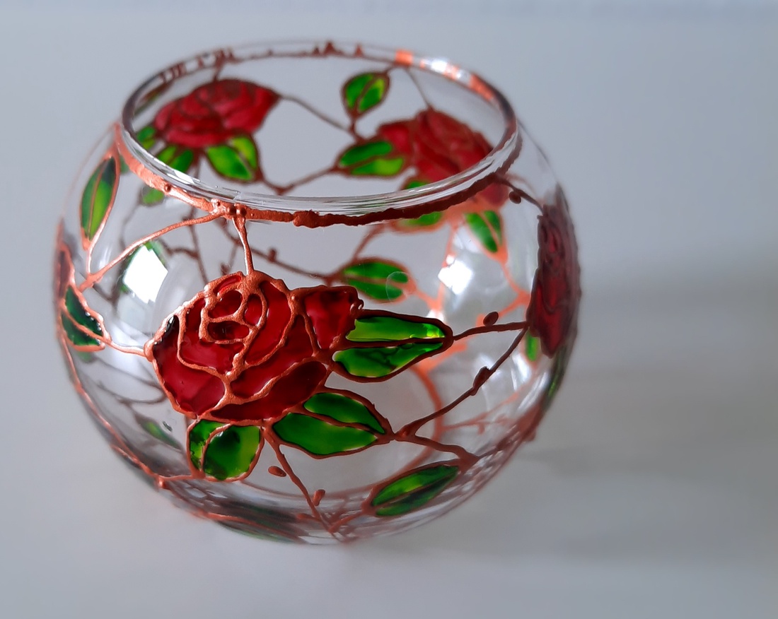 Suport lumanare, pictat cu trandafiri  - arte vizuale și accesorii  - picturi - pictură pe sticlă - Artynos.ro