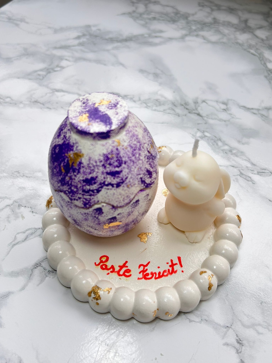 Set Paste cu tavita din ceramica, ou cu ceara de soia si iepuras lumanare - decor de sărbători - decorațiuni de paște - alte creații de paște - Artynos.ro