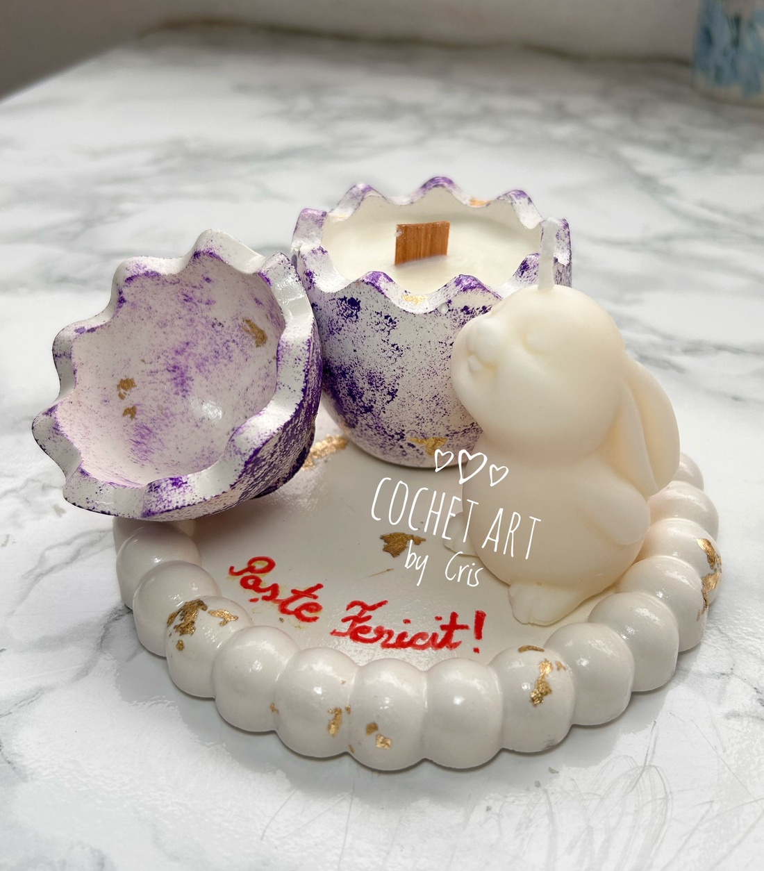 Set Paste cu tavita din ceramica, ou cu ceara de soia si iepuras lumanare - decor de sărbători - decorațiuni de paște - alte creații de paște - Artynos.ro