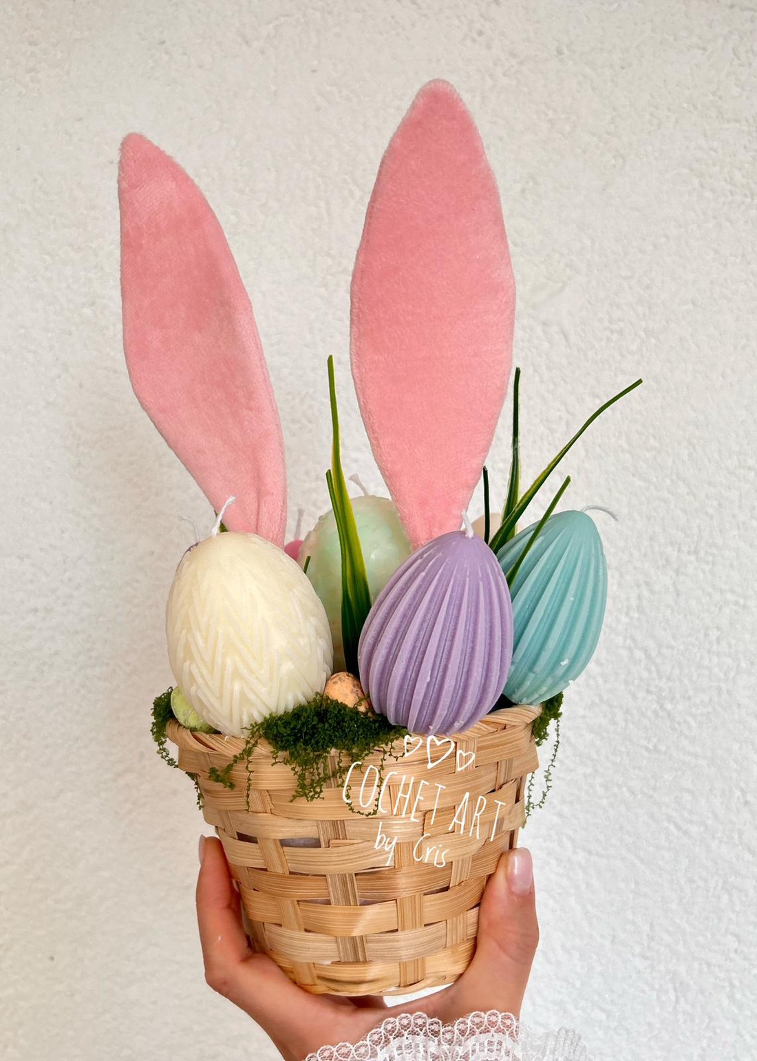 Cos cu oua si iepuras din ceara de soia - decor de sărbători - decorațiuni de paște - decor masă de paște - Artynos.ro