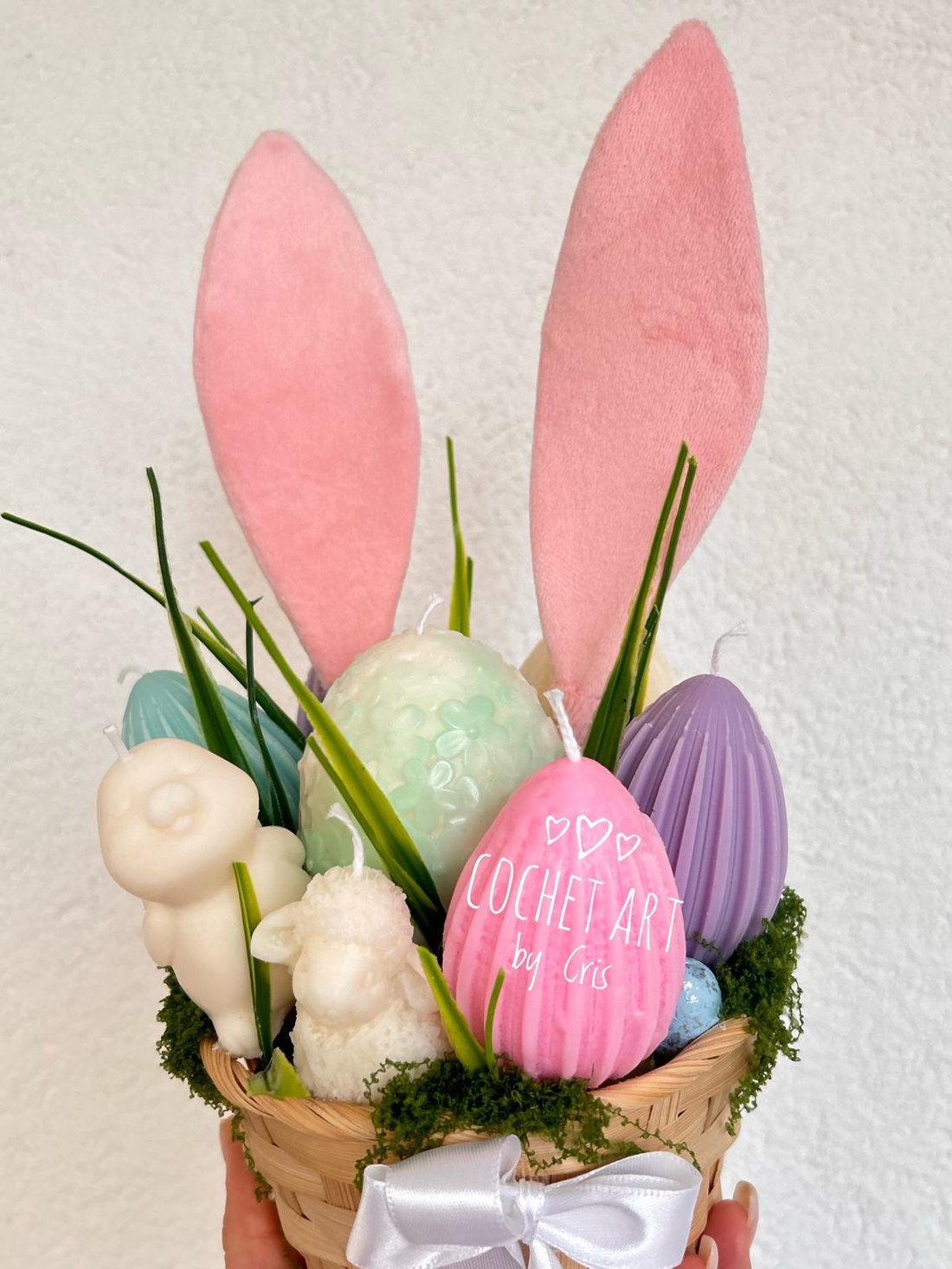 Cos cu oua si iepuras din ceara de soia - decor de sărbători - decorațiuni de paște - decor masă de paște - Artynos.ro