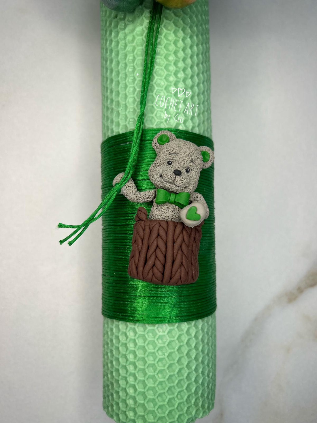 Lumanare botez ursulet verde in cos - jucării și echipamente pentru copii - daruri de botez - Artynos.ro