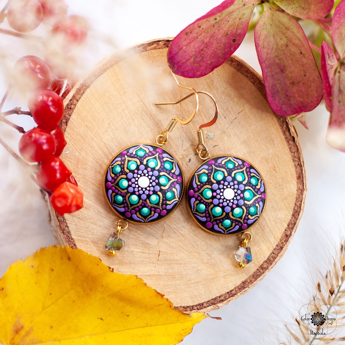 Cercei Mandala Fall's Whisper - bijuterii - cercei - cercei din lemn - Artynos.ro