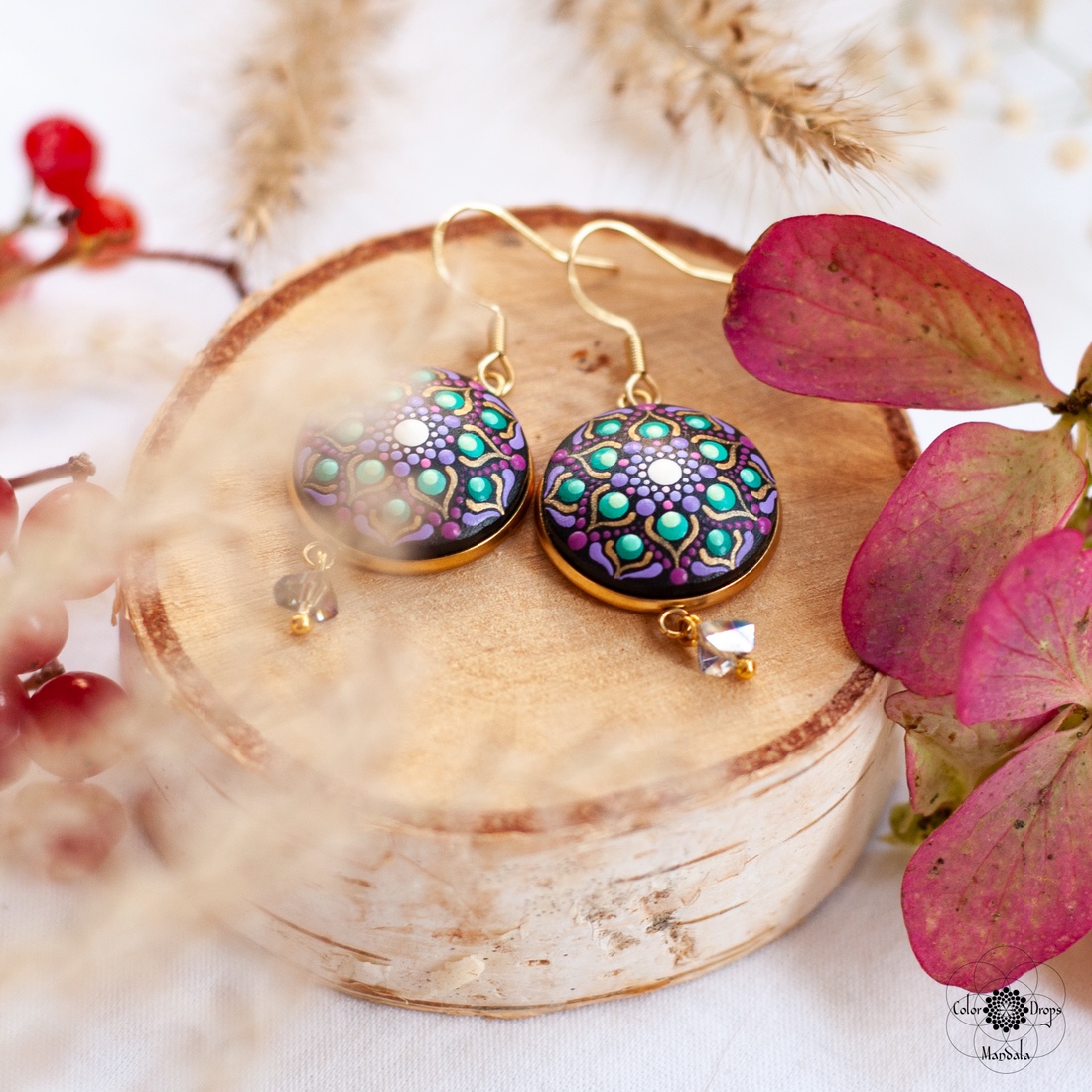 Cercei Mandala Fall's Whisper - bijuterii - cercei - cercei din lemn - Artynos.ro