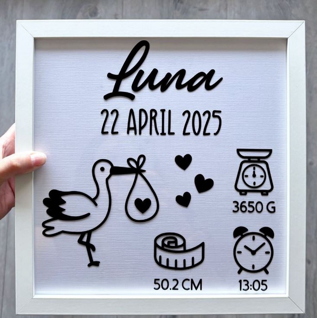 Ramă personalizata cu datele bebelușului - jucării și echipamente pentru copii - cadouri baby shower - Artynos.ro