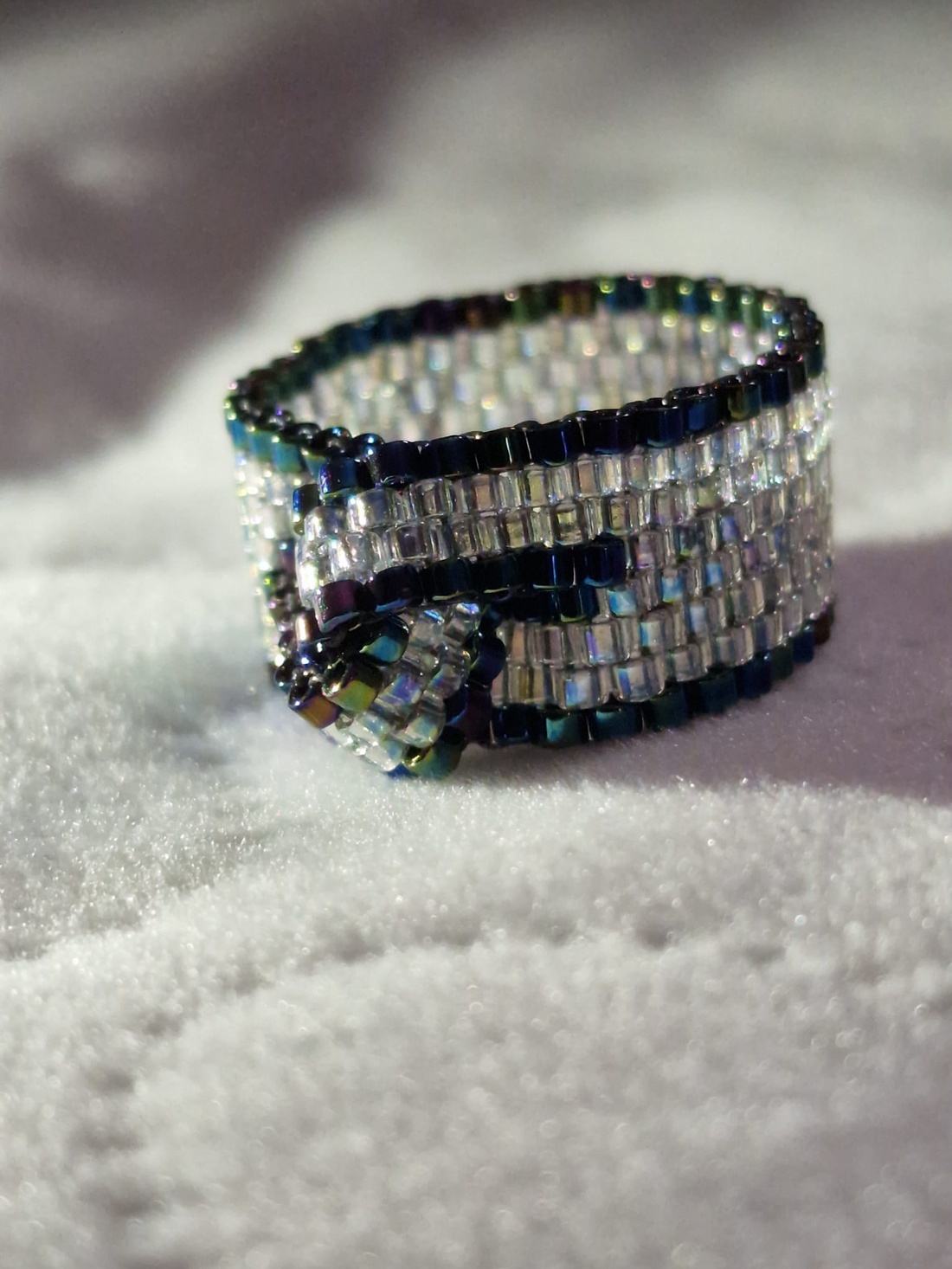 Inel Miyuki Handmade Argintiu-Irizat și Bleumarin, Design Geometric Elegant - bijuterii - inele - inele statement - Artynos.ro