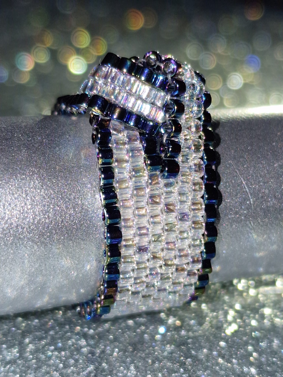 Inel Miyuki Handmade Argintiu-Irizat și Bleumarin, Design Geometric Elegant - bijuterii - inele - inele statement - Artynos.ro