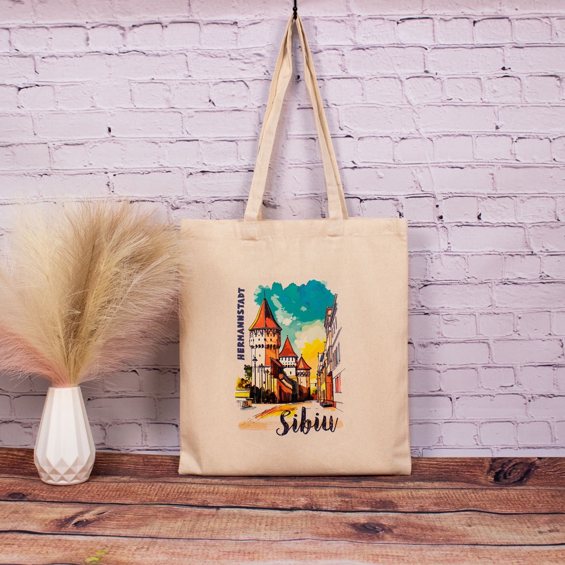 Sacosa din bumbac, suvenir, Strada Cetatii, Sibiu - genți și portofele - geantă pentru cumpărături - totebaguri - Artynos.ro
