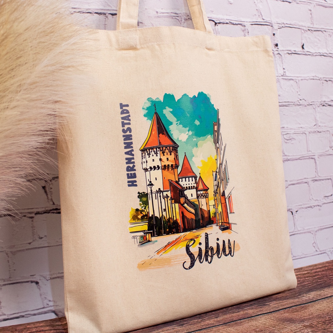 Sacosa din bumbac, suvenir, Strada Cetatii, Sibiu - genți și portofele - geantă pentru cumpărături - totebaguri - Artynos.ro