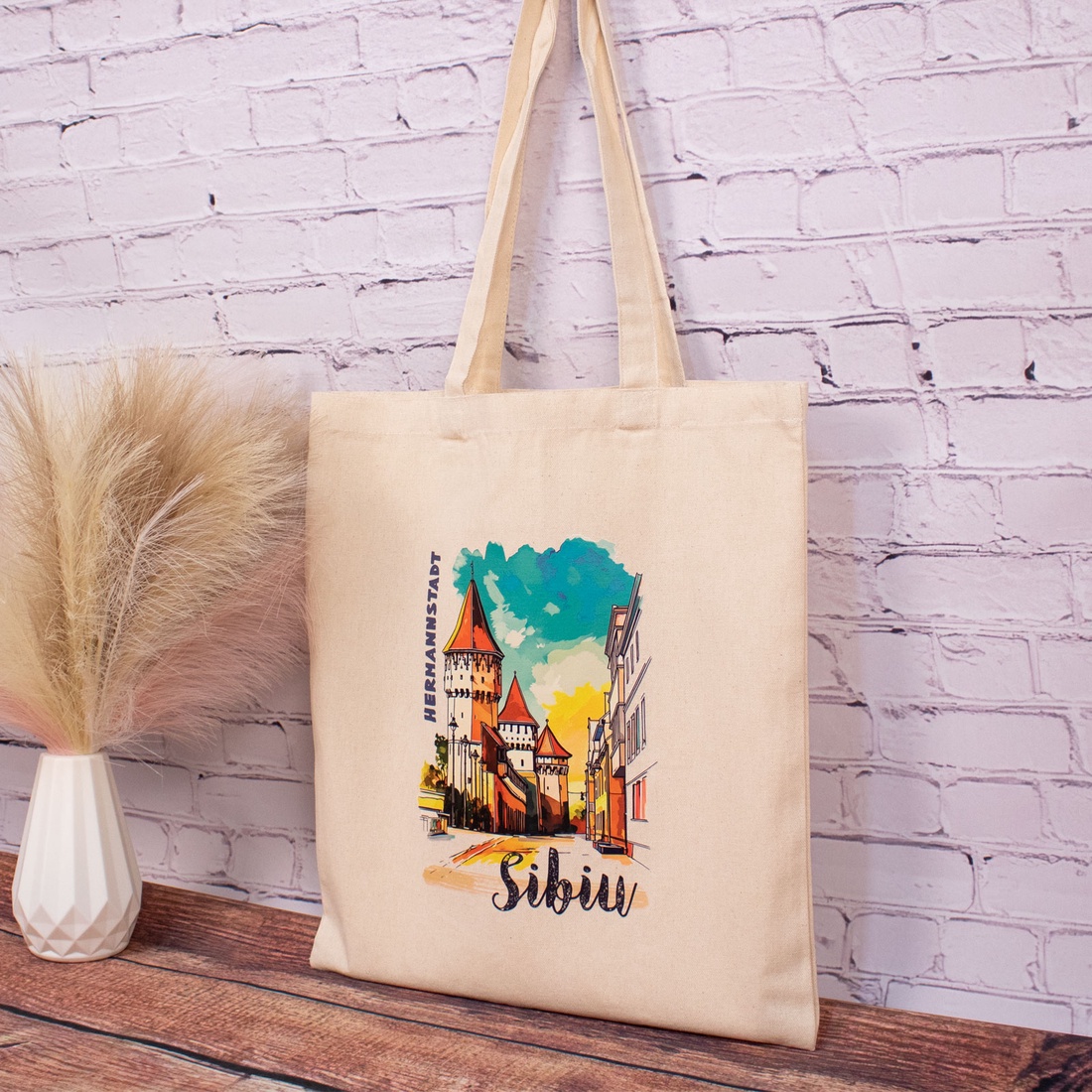 Sacosa din bumbac, suvenir, Strada Cetatii, Sibiu - genți și portofele - geantă pentru cumpărături - totebaguri - Artynos.ro