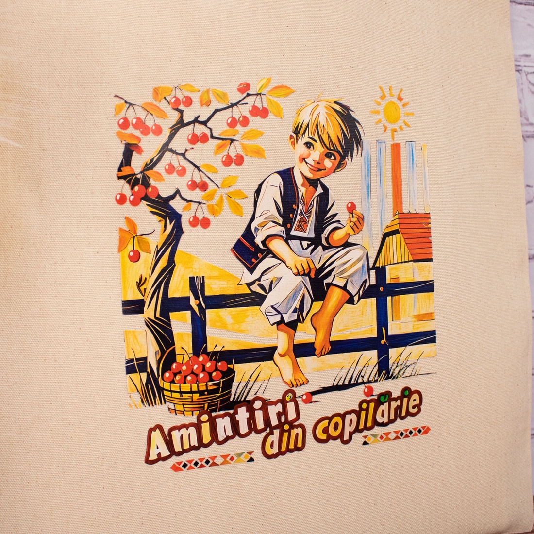 Sacosa din bumbac, suvenir, La furat de cirese - Amintiri din Copilarie - genți și portofele - geantă pentru cumpărături - totebaguri - Artynos.ro