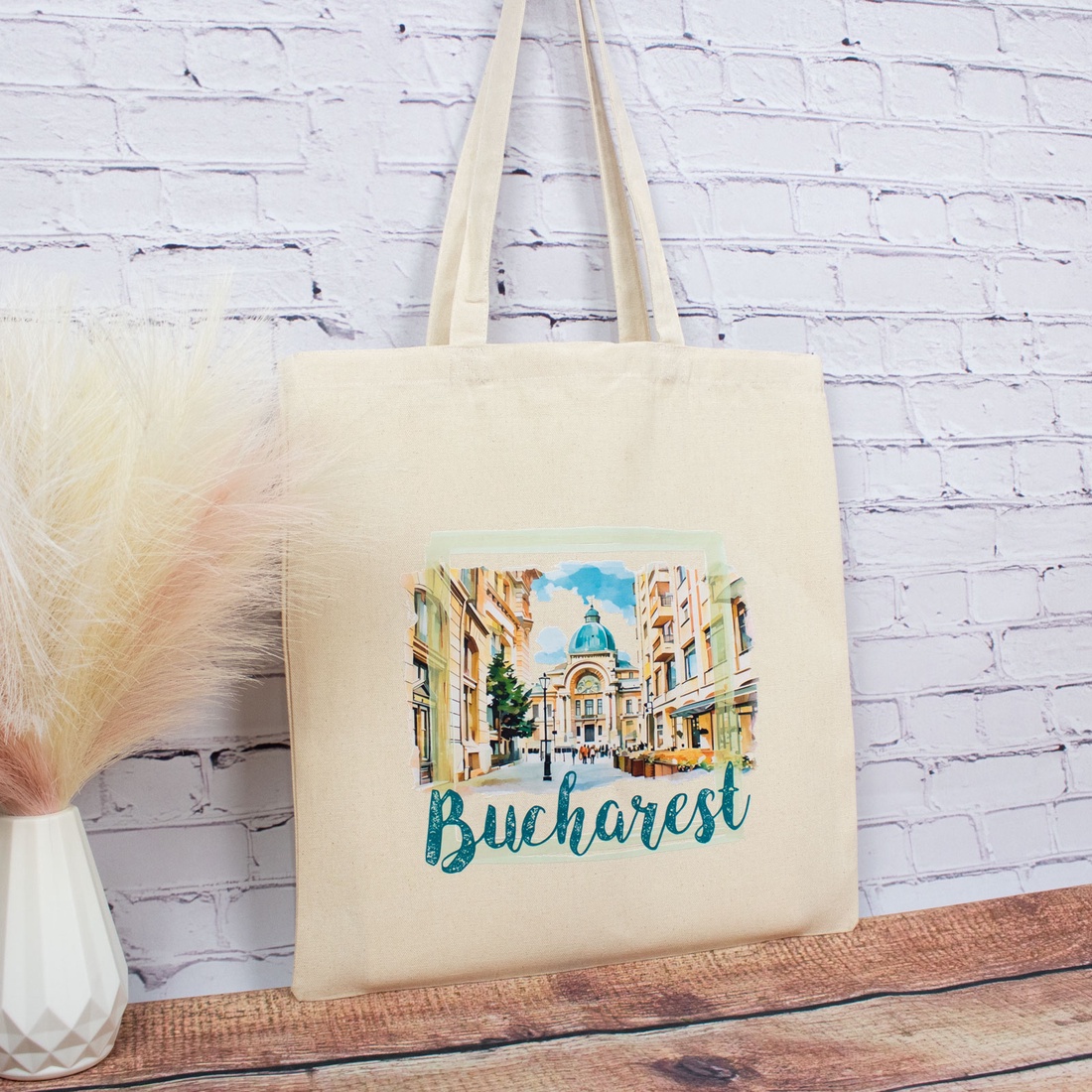 Sacosa din bumbac, suvenir, Palatul CEC Bucuresti (vedere din Centrul Vechi) - genți și portofele - geantă pentru cumpărături - totebaguri - Artynos.ro