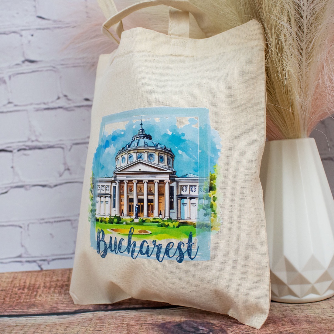 Sacosa din bumbac, suvenir, Ateneul Roman, Bucuresti, dimensiune 22 x 26 cm - genți și portofele - geantă pentru cumpărături - totebaguri - Artynos.ro