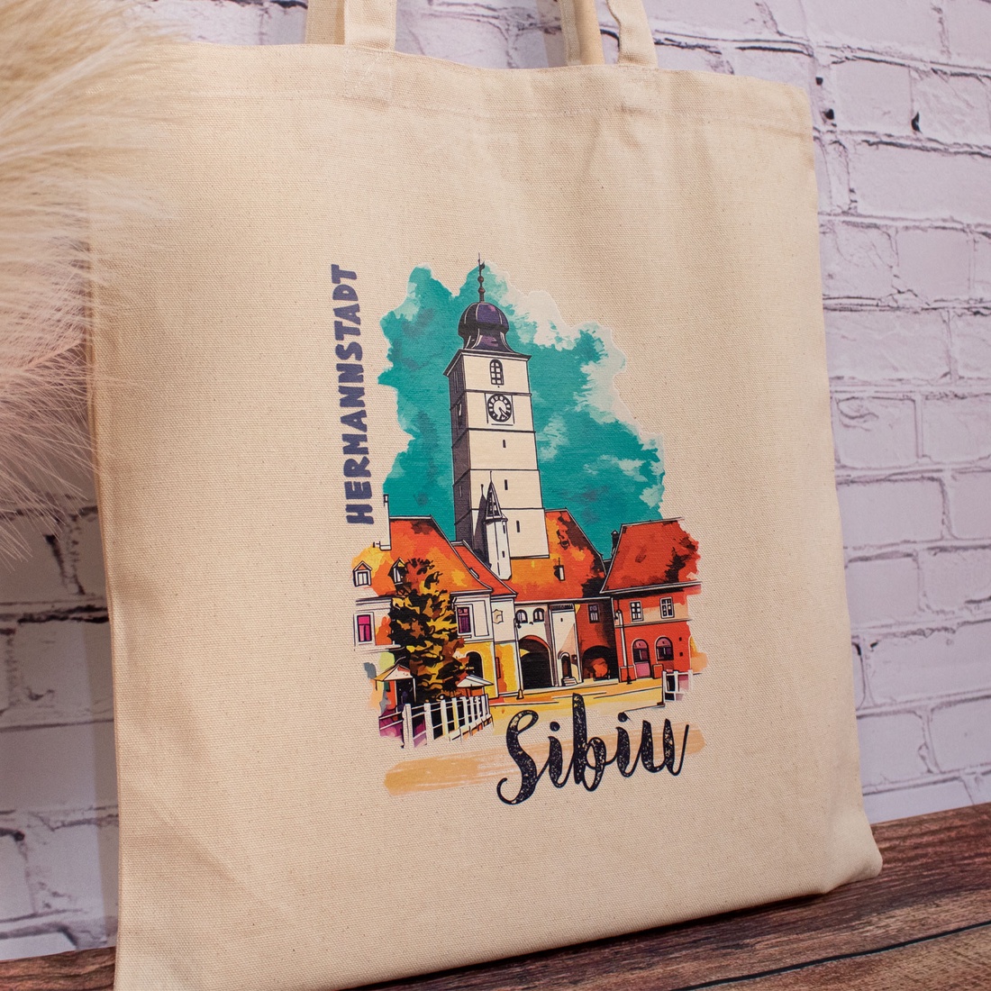 Sacosa din bumbac, suvenir, Turnul Sfatului, Sibiu - genți și portofele - geantă pentru cumpărături - totebaguri - Artynos.ro