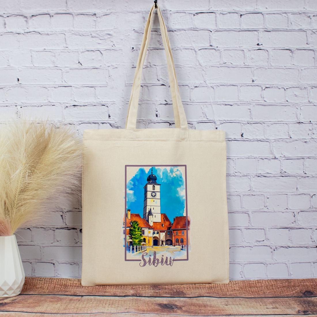 Sacosa din bumbac, suvenir, Turnul Sfatului, Sibiu - genți și portofele - geantă pentru cumpărături - totebaguri - Artynos.ro