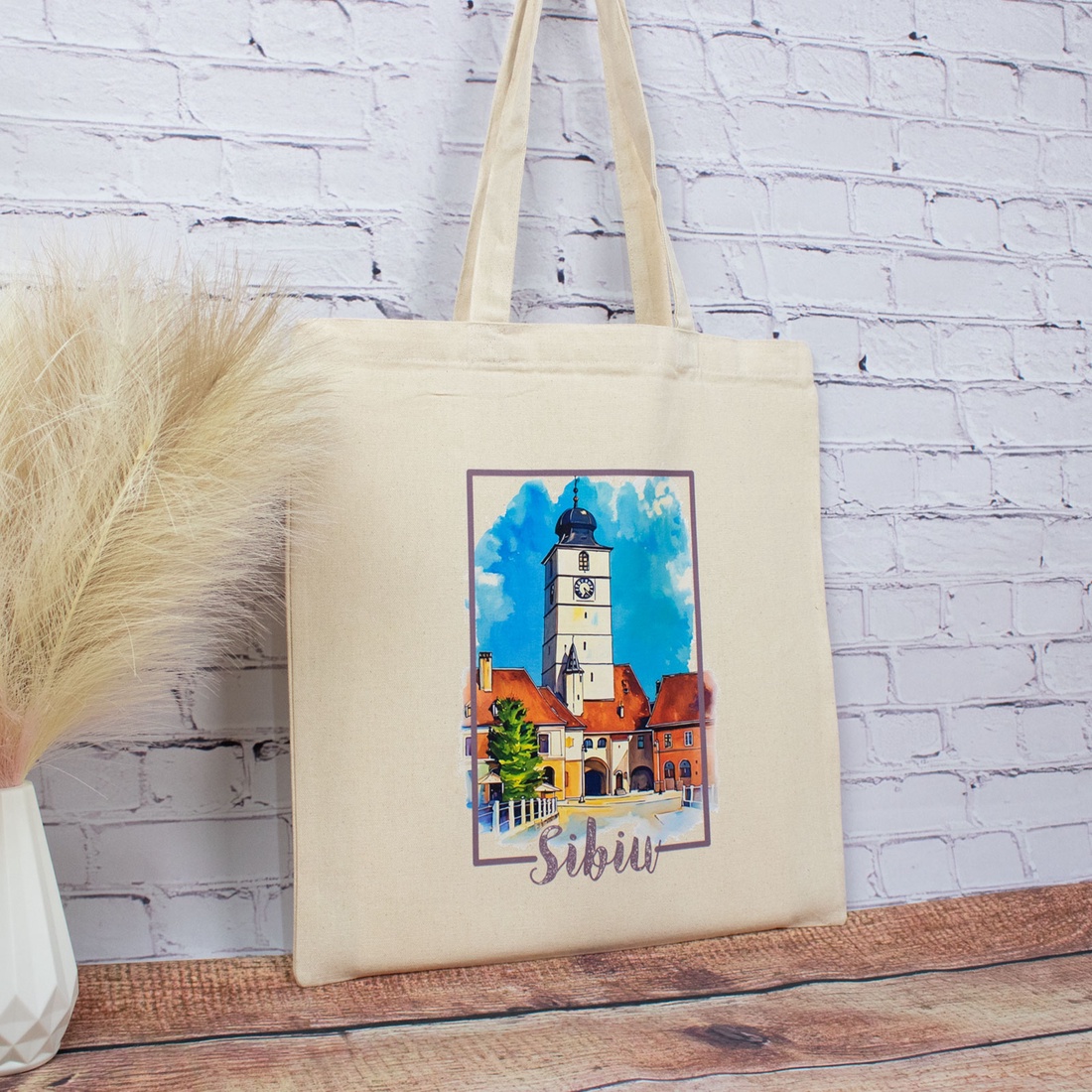 Sacosa din bumbac, suvenir, Turnul Sfatului, Sibiu - genți și portofele - geantă pentru cumpărături - totebaguri - Artynos.ro