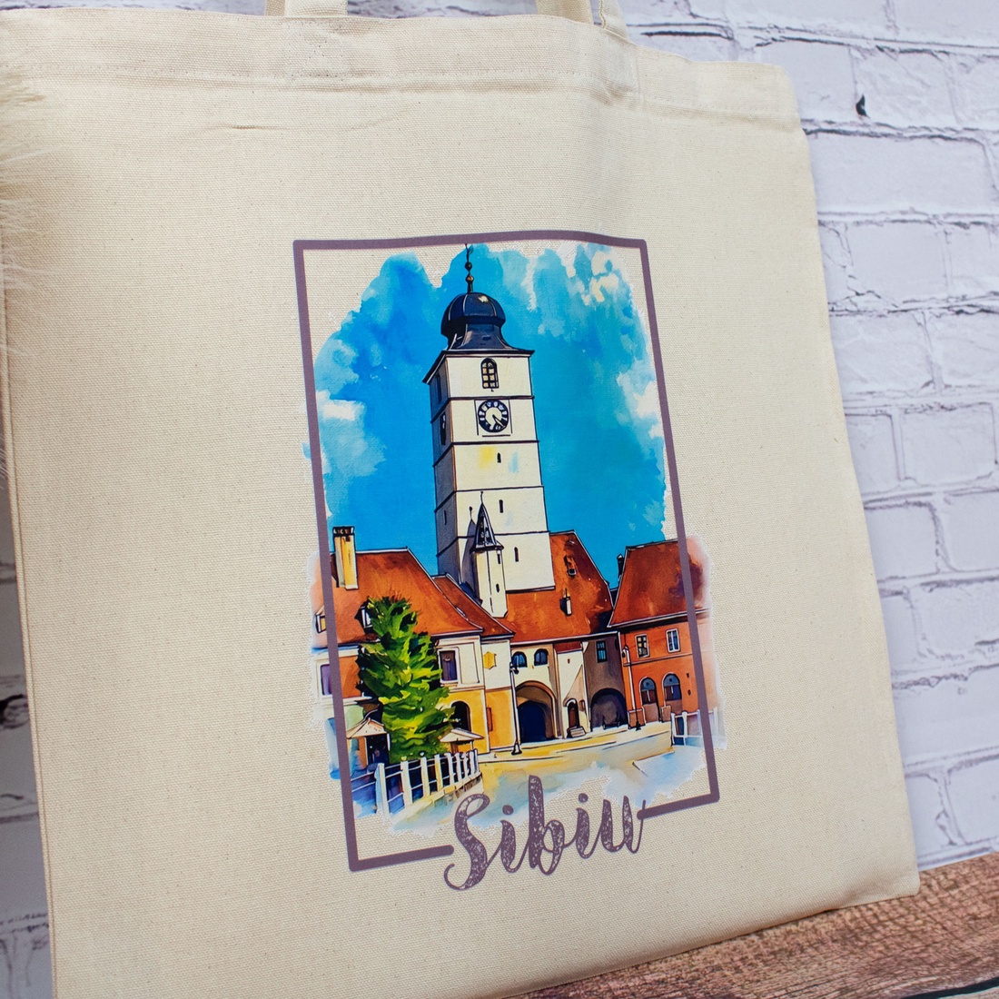 Sacosa din bumbac, suvenir, Turnul Sfatului, Sibiu - genți și portofele - geantă pentru cumpărături - totebaguri - Artynos.ro