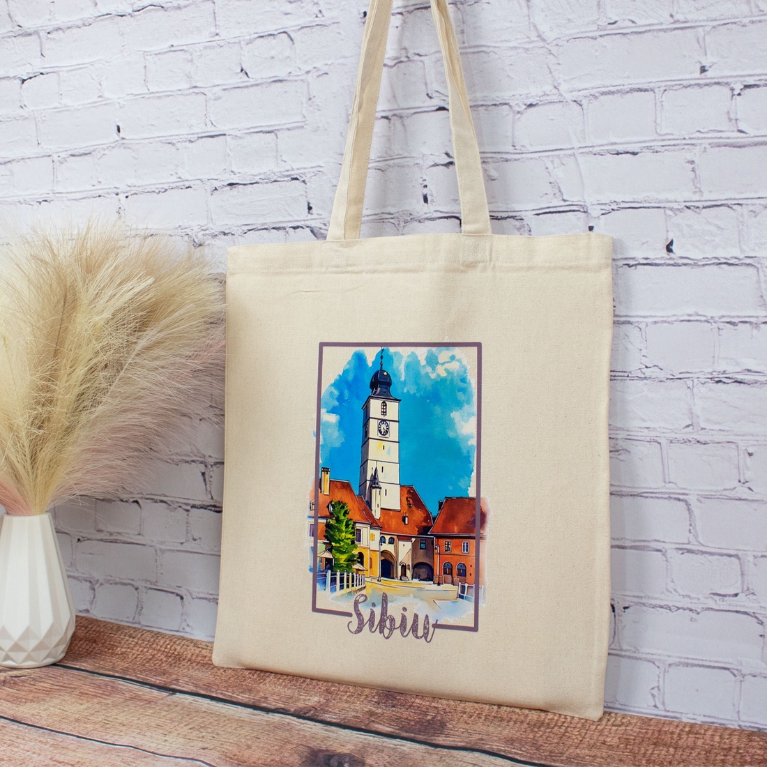 Sacosa din bumbac, suvenir, Turnul Sfatului, Sibiu - genți și portofele - geantă pentru cumpărături - totebaguri - Artynos.ro