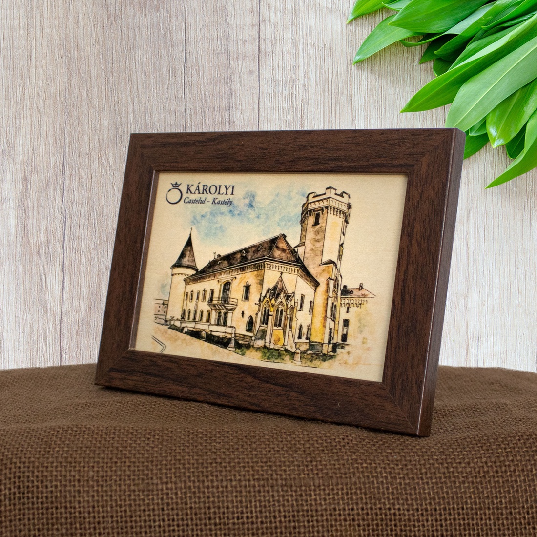 Tablou suvenir din lemn, Acuarela, Castelul Karolyi Carei, dimensiune 10/15, rama inclusa - casă & stil de viață - decorațiuni de casă - picturi murale - artă de perete din lemn - Artynos.ro
