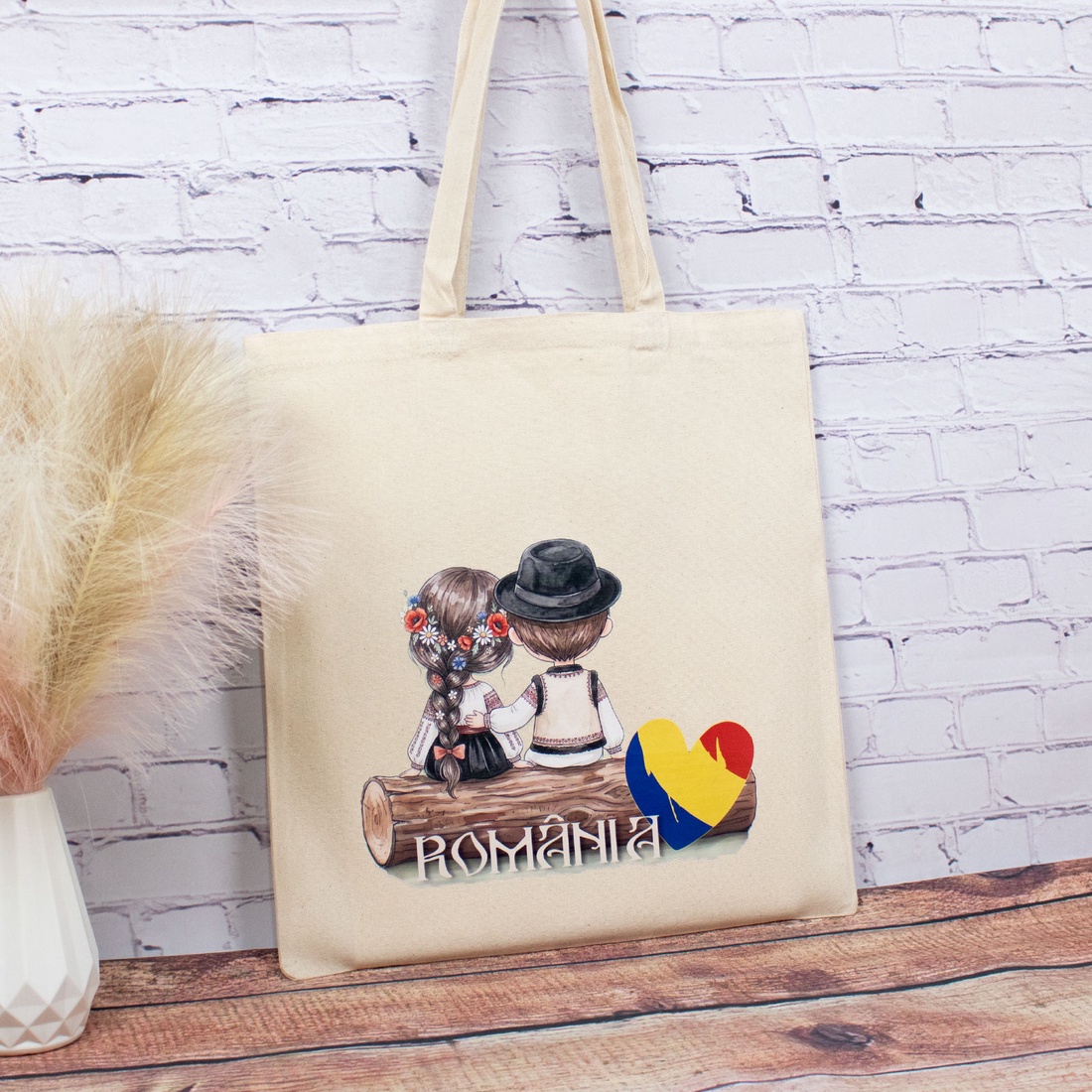 Sacosa din bumbac, suvenir, Româncuță și românaș � din locuri trăite - genți și portofele - geantă pentru cumpărături - totebaguri - Artynos.ro