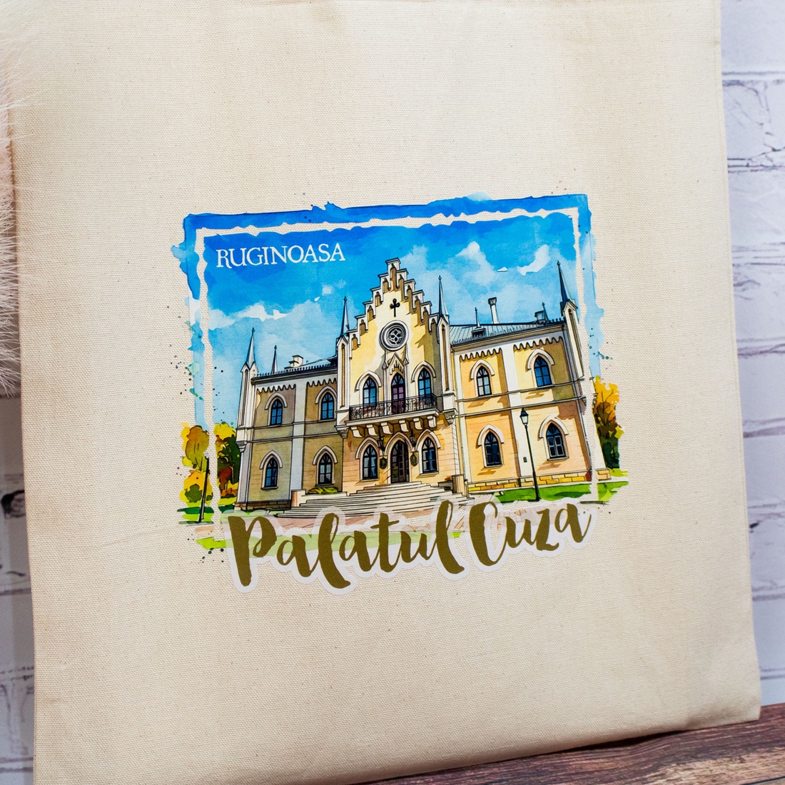 Sacosa din bumbac, suvenir, Palatul Cuza, Ruginoasa - genți și portofele - geantă pentru cumpărături - totebaguri - Artynos.ro