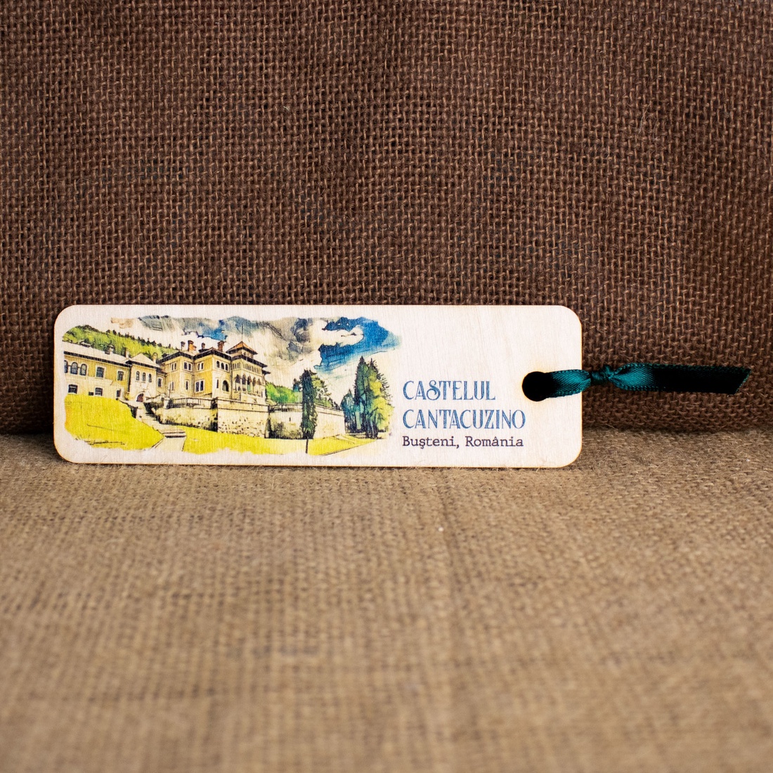 Semn de carte suvenir, din lemn, acuarela, Castelul Cantacuzino, Busteni - cărți și creații cu tematică muzicală, cadouri - semn de carte - Artynos.ro