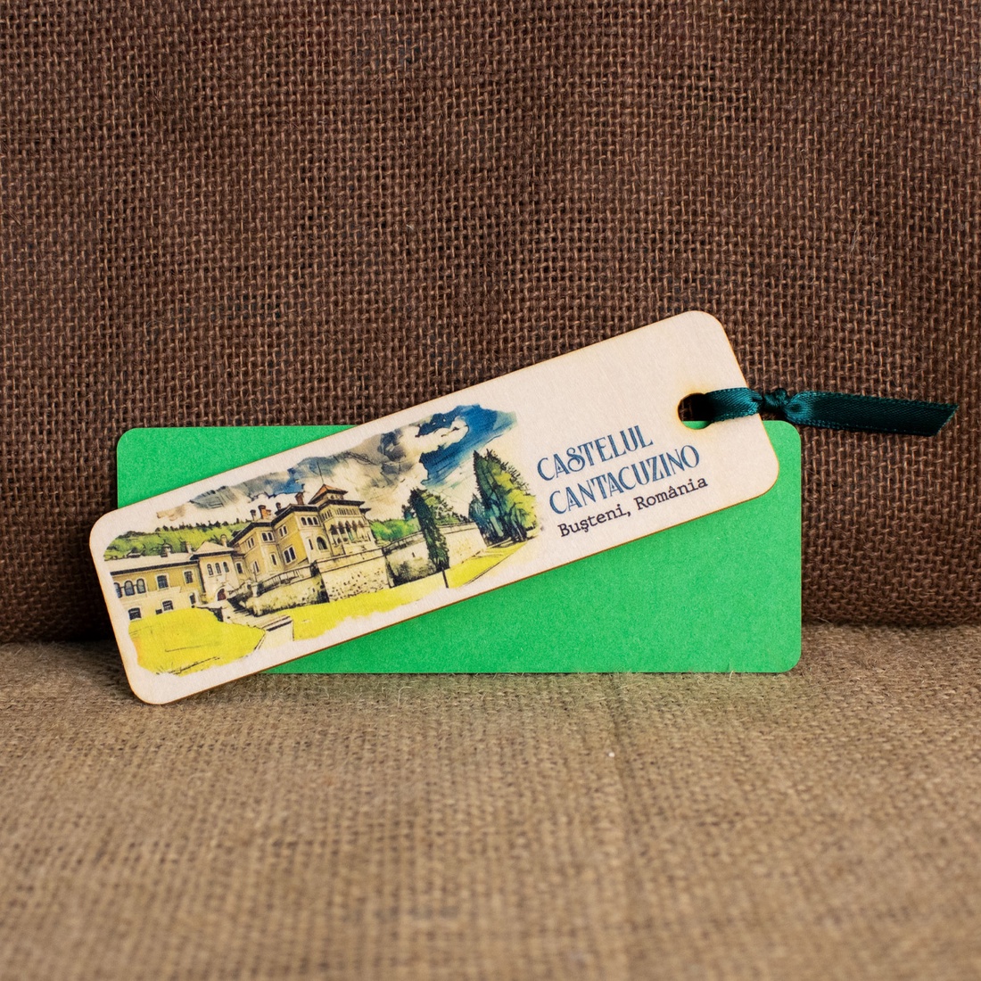 Semn de carte suvenir, din lemn, acuarela, Castelul Cantacuzino, Busteni - cărți și creații cu tematică muzicală, cadouri - semn de carte - Artynos.ro