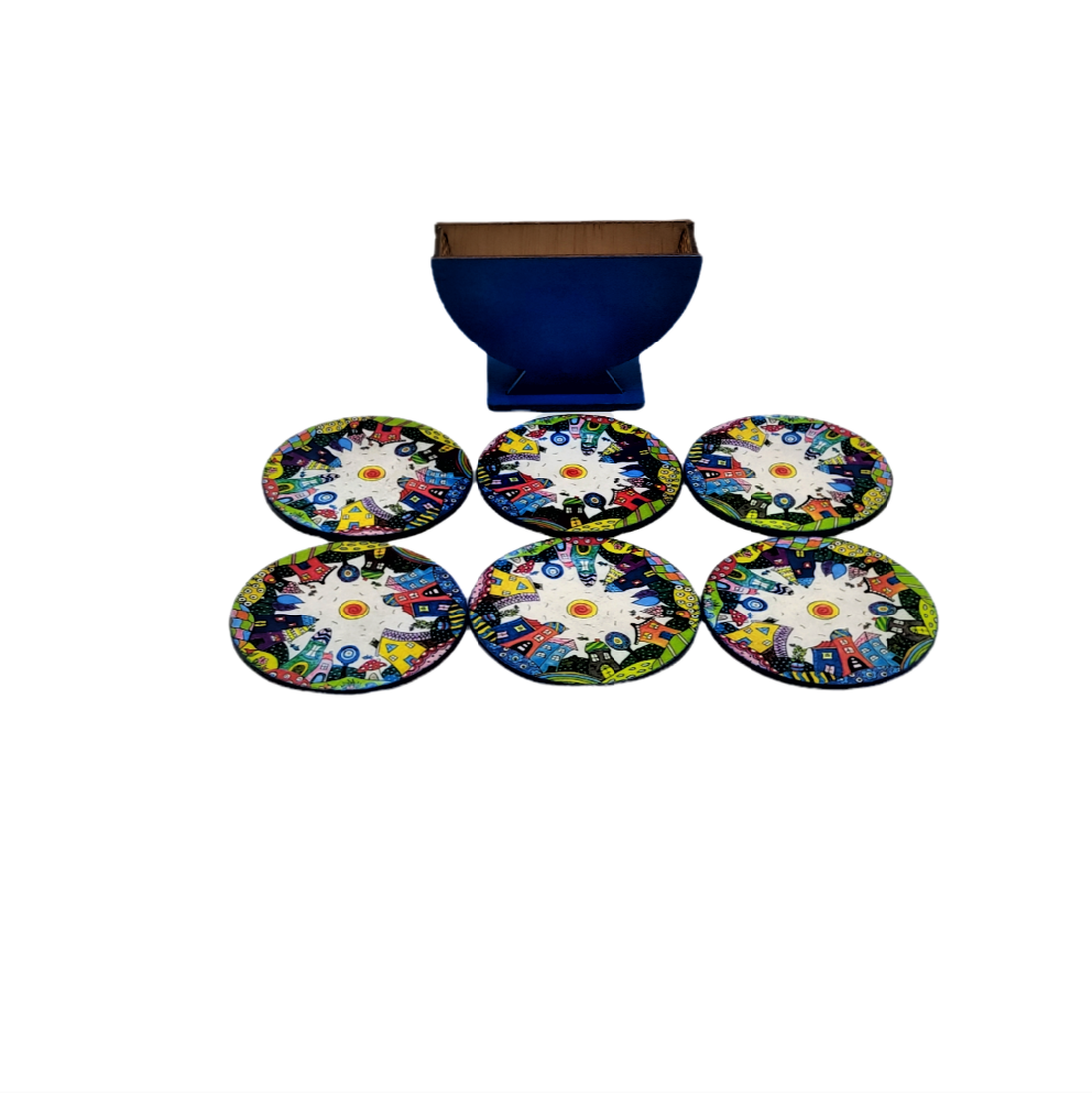 Set 6 suporti rotunzi de pahare de 9 cm si cutie de depozitare, albastru, orasel de poveste albastru - casă & stil de viață - accesorii pentru echipamente de bucătărie - accesorii de servire - suporturi pahare - Artynos.ro Set 6 suporti rotunzi de pahare de 9 cm si cutie de depozitare, albastru, orasel de poveste albastru - casă & stil de viață - accesorii pentru echipamente de bucătărie - accesorii de servire - suporturi pahare - Artynos.ro