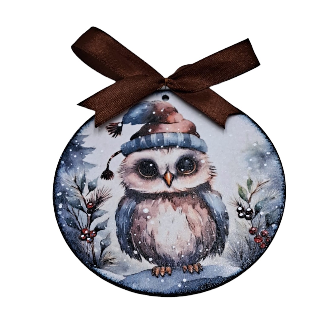 Glob lemn pentru Craciun,bufnita cu caciula rosu albastra - accesorii de crăciun - decorațiuni de crăciun de casă - decorațiuni pentru pomul de crăciun - Artynos.ro