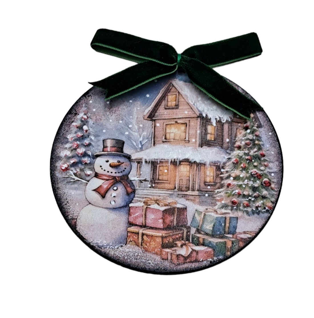 Glob lemn pentru Craciun, decor impodobit cu casa si om de zapada cu cadouri  - accesorii de crăciun - decorațiuni de crăciun de casă - decorațiuni pentru pomul de crăciun - Artynos.ro