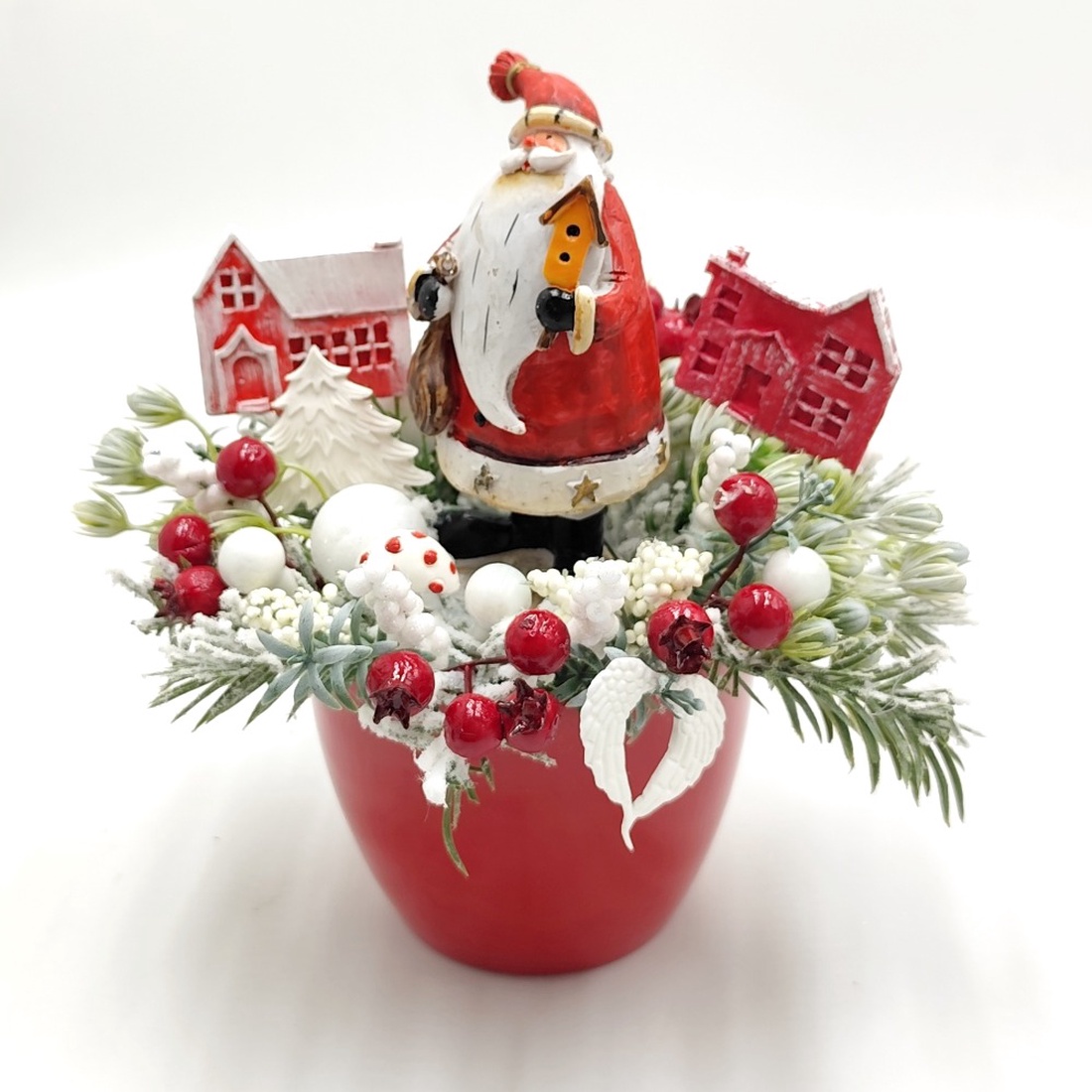 Aranjament decorativ de Craciun cu mos si casute, 4541 - crăciun - decorațiuni de crăciun de casă - decor pentru masă de crăciun - Artynos.ro