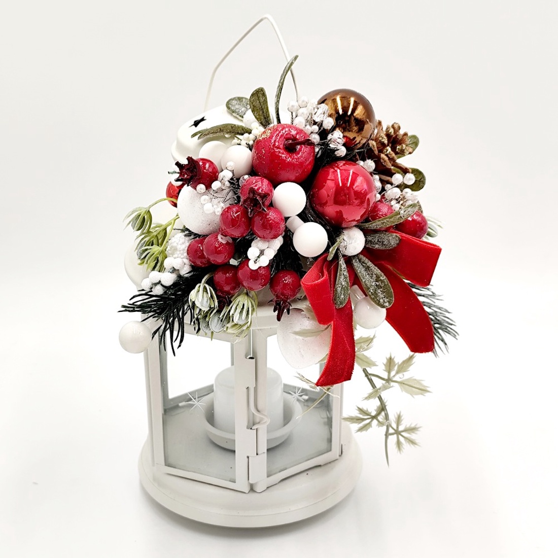Felinar de Craciun cu globuri si crengute brad, 4552 - crăciun - decorațiuni de crăciun de casă - decor pentru masă de crăciun - Artynos.ro